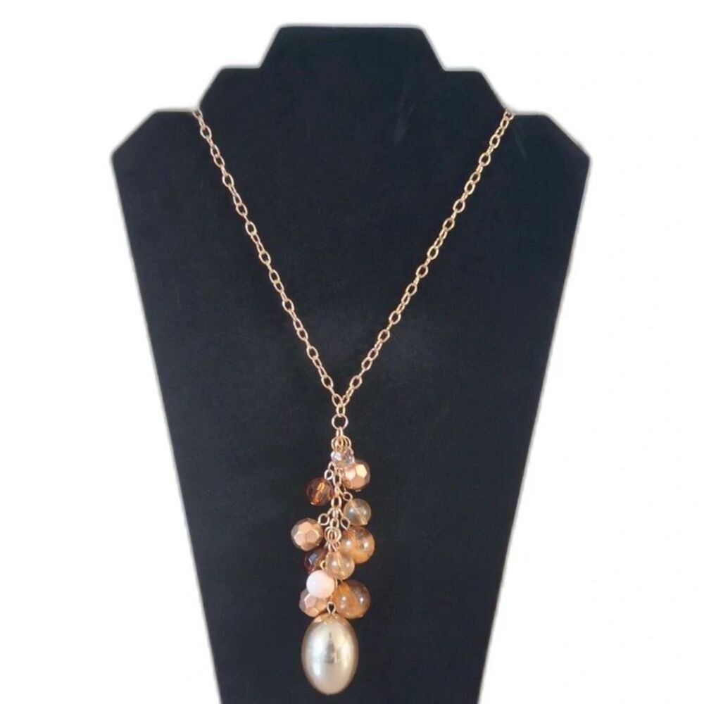 Gold Tone Orange Assorted Beads Cluster Pendant Y-Drop Lariat Statement Necklace
